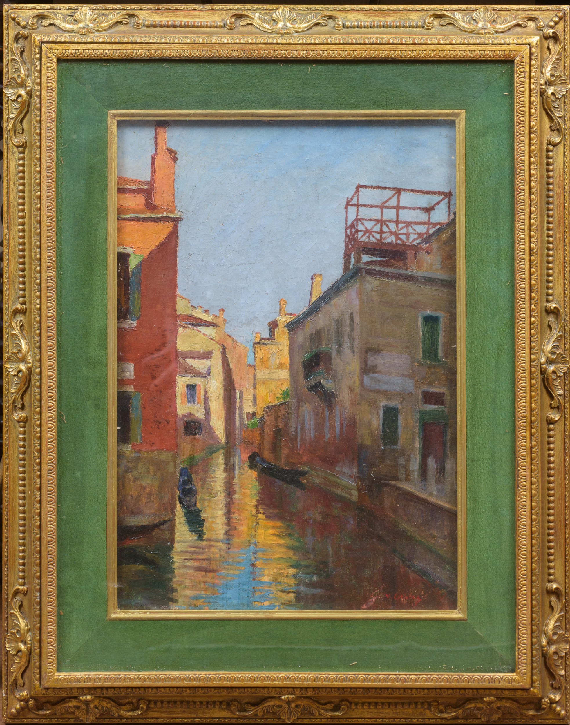 Vincenzo Cabianca - Canale veneziano, olio su tela applicata su cartone