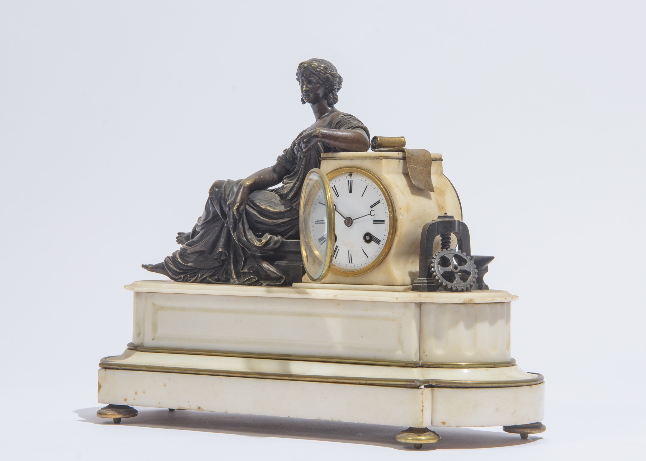 Orologio in bronzo dorato e marmo bianco, Francia, fine XIX secolo
