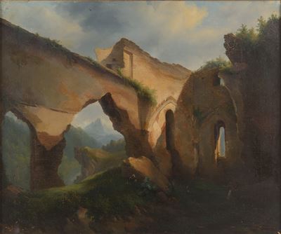 Paesaggio con rovine, olio su tela