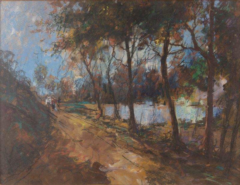 Giuseppe Casciaro - Paesaggio con figure, pastelli su carta