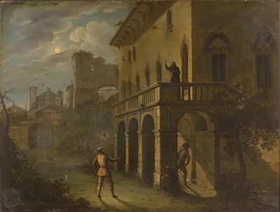 Paesaggio notturno con architetture e personaggi, olio su tavola