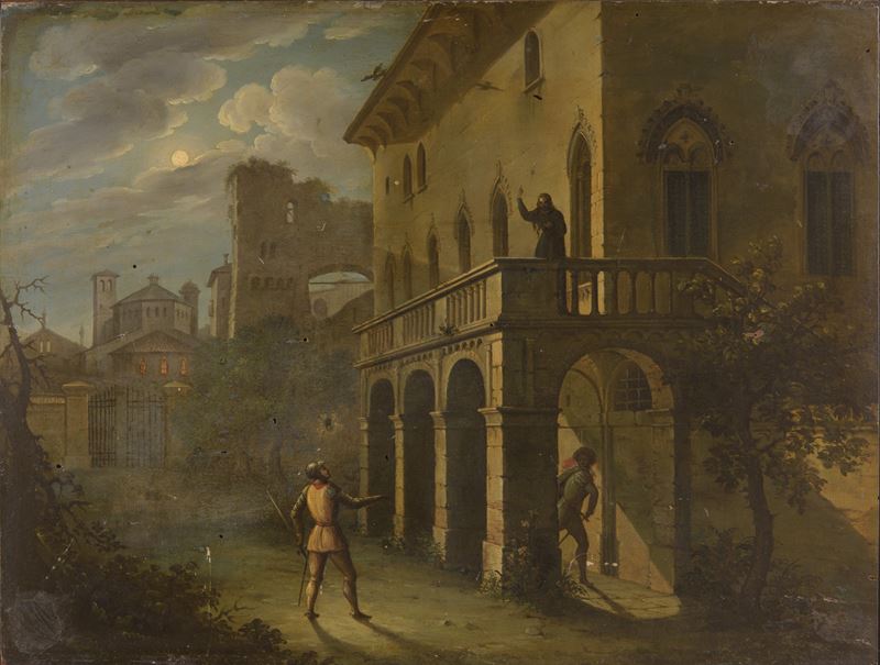 Giovanni Migliara - Paesaggio notturno con architetture e personaggi, olio su tavola