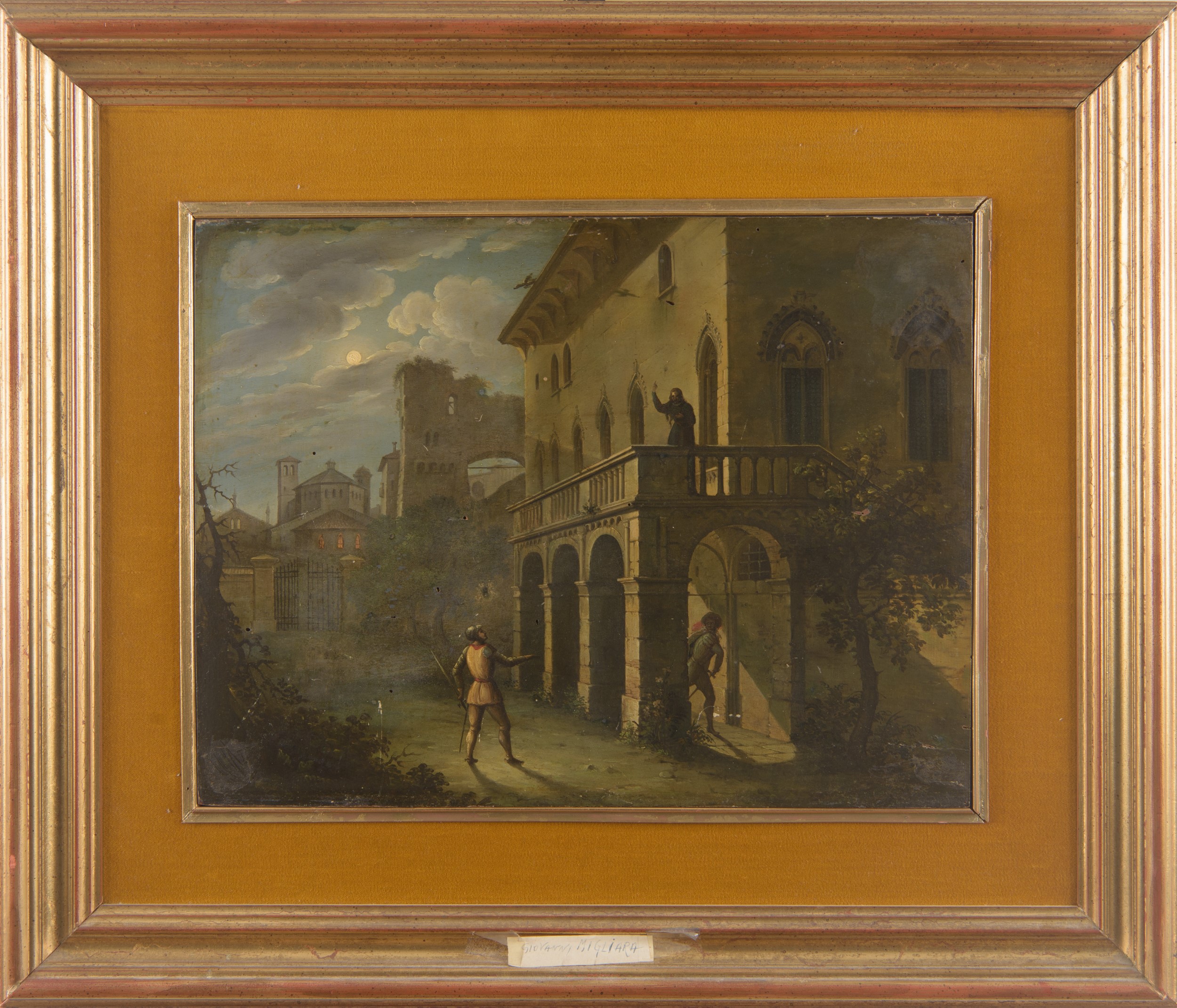 Giovanni Migliara - Paesaggio notturno con architetture e personaggi, olio su tavola