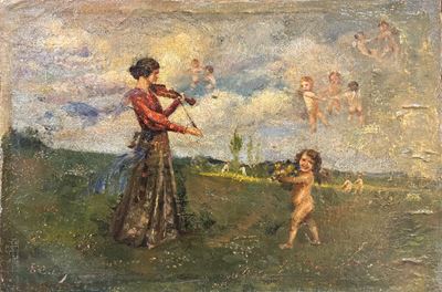 Suonatrice di violino con putti e amorini, olio su tavola