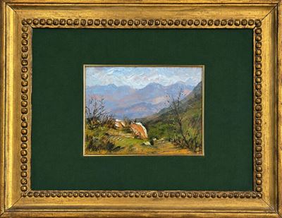 Paesaggio montano, tecnica mista su cartone