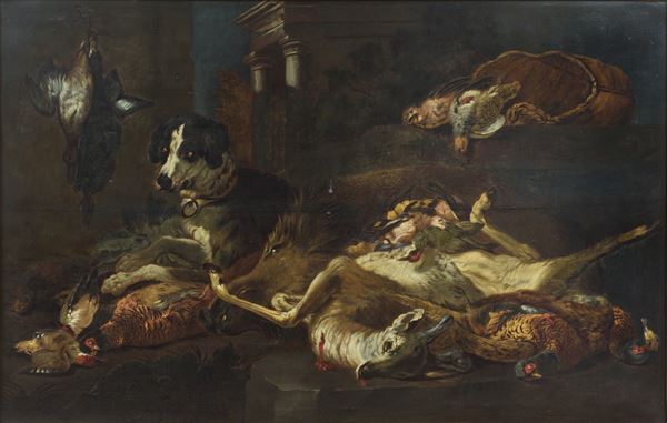 Simone Del Tintore - Natura morta con cane che vigila sui volatili e un cinghiale