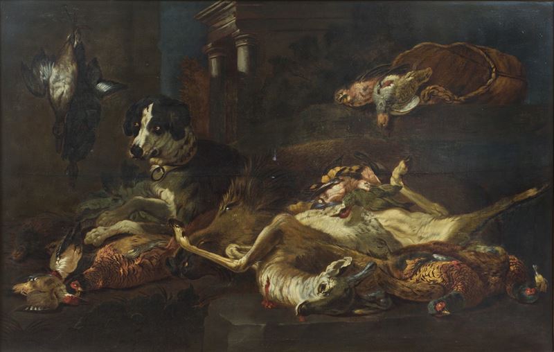 Natura morta con cane che vigila sui volatili e un cinghiale