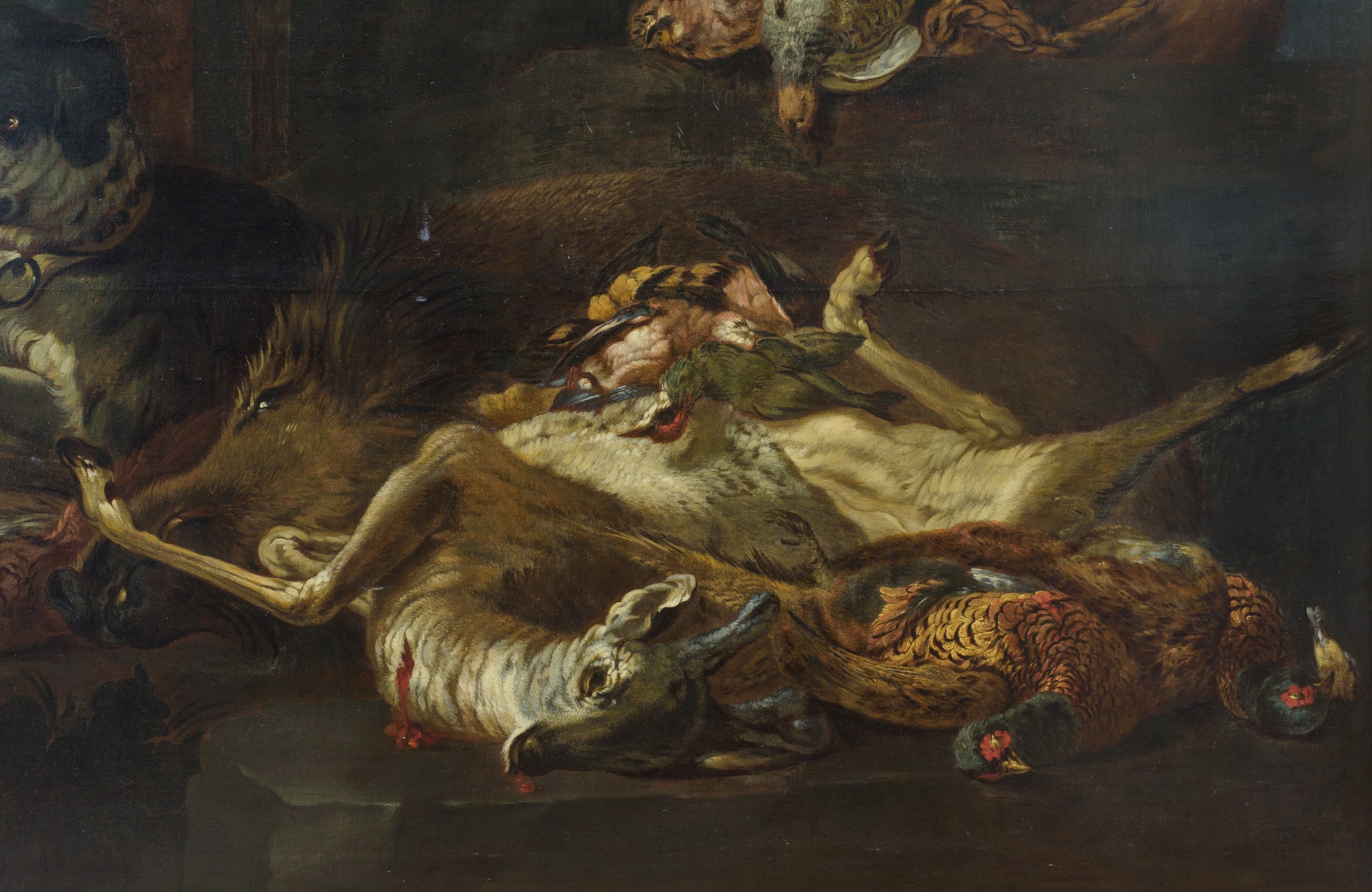 Natura morta con cane che vigila sui volatili e un cinghiale