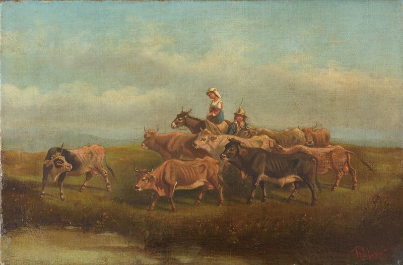 Giuseppe Palizzi - Scena agreste con contadini e buoi, olio su tela