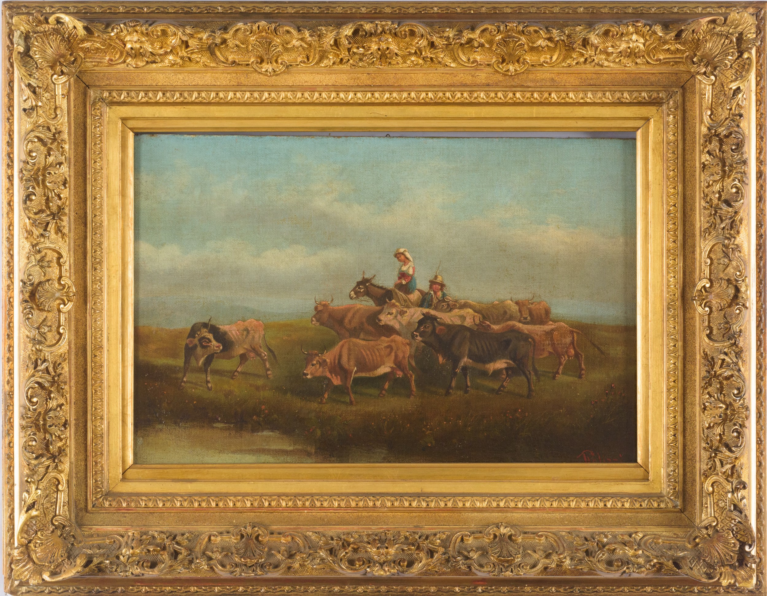Giuseppe Palizzi - Scena agreste con contadini e buoi, olio su tela