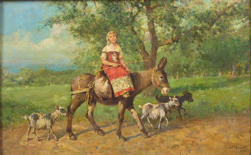 Francesco Paolo Michetti - Scena agreste con contadina e asino, olio su tavola