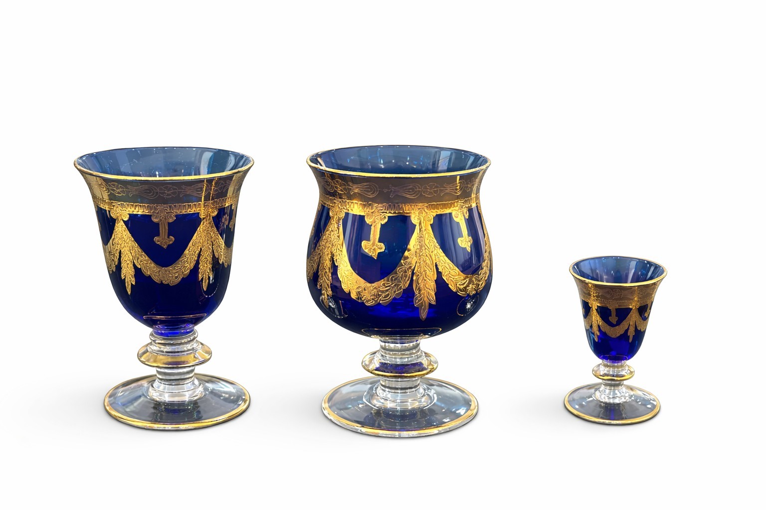 Interglass, Servizio di bicchieri in cristallo dorato e blu cobalto