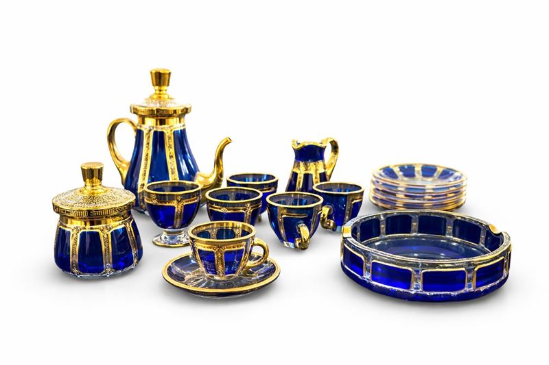 Servizio da caffè in cristallo di Boemia, blu cobalto e oro zecchino