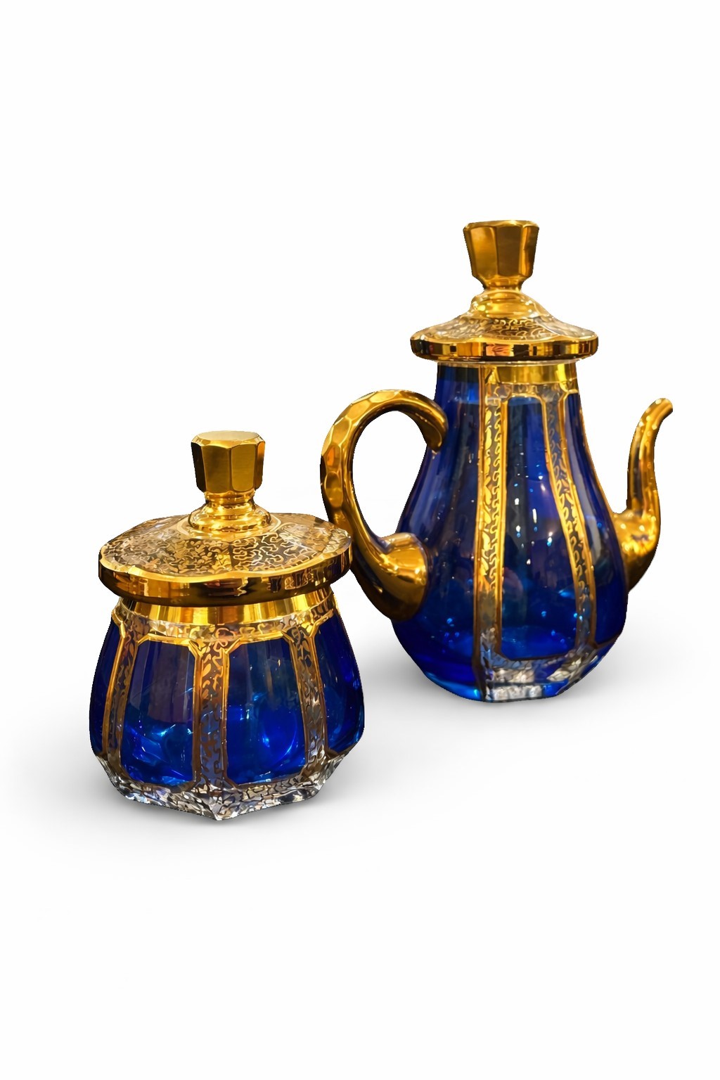 Servizio da caffè in cristallo di Boemia, blu cobalto e oro zecchino