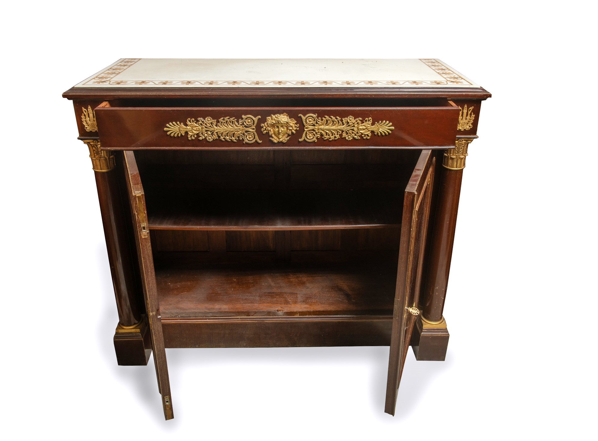 Credenza, legno di mogano con decori in bronzo dorato e piano in marmo bianco statuario