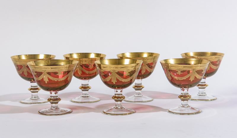 Servizio da 6 coppe da dessert, cristallo rosso e oro zecchino, XX secolo