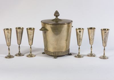 Grande secchiello per il ghiaccio in peltro con 6 flutes