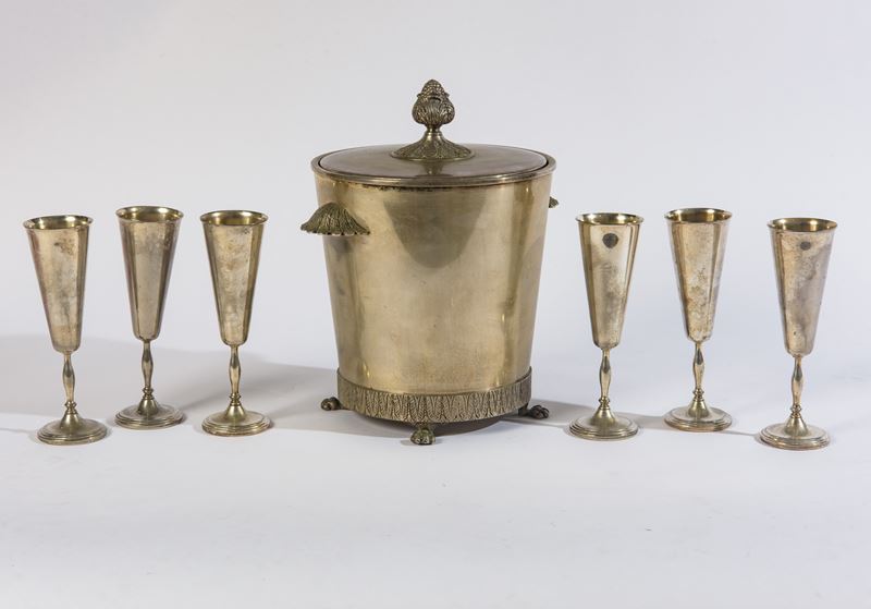 Grande secchiello per il ghiaccio in peltro con 6 flutes