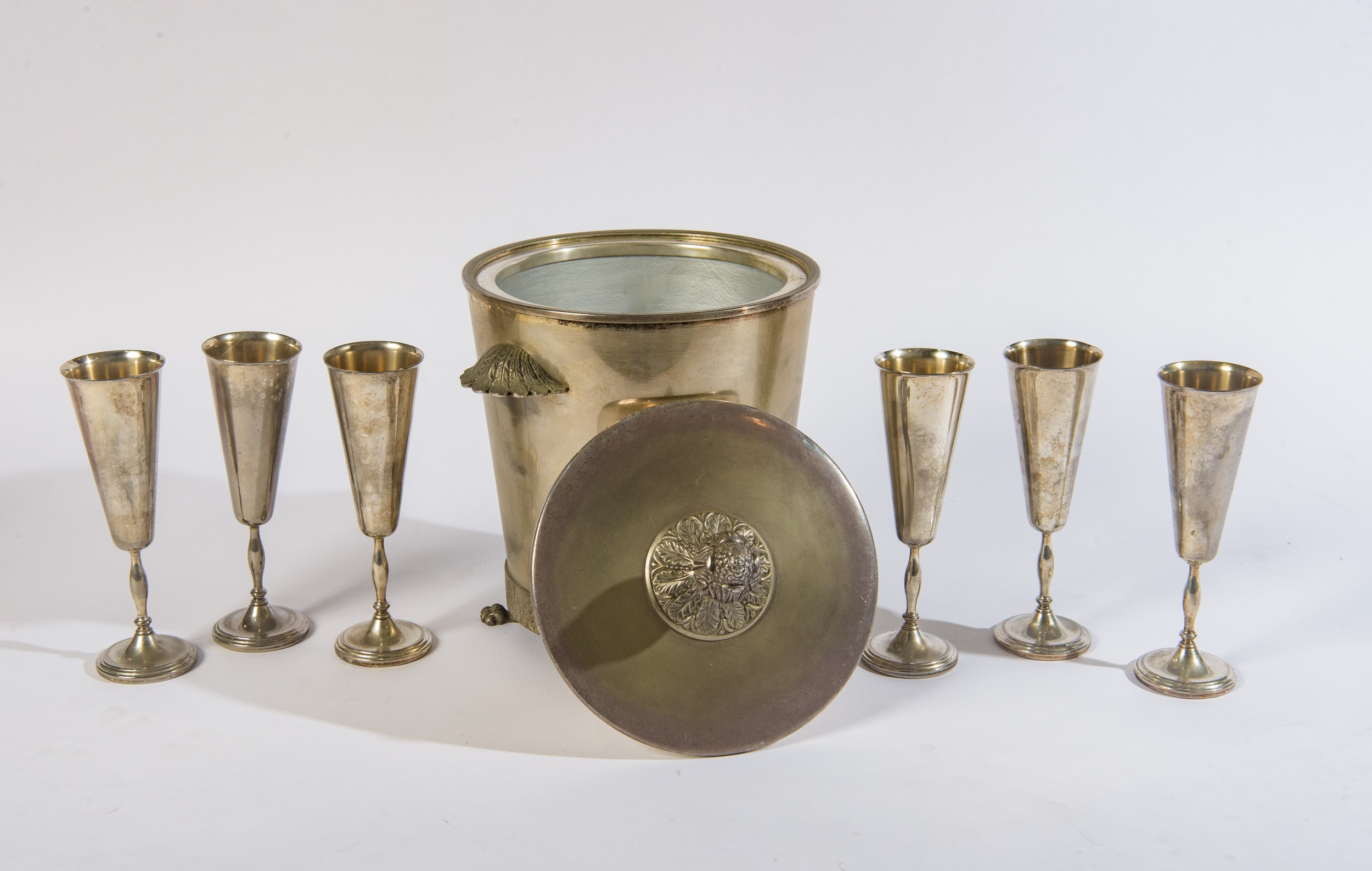 Grande secchiello per il ghiaccio in peltro con 6 flutes