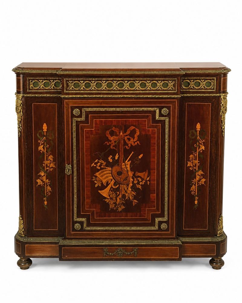 Francia, Napoleone III, Credenza con sportello centrale, intarsi in legni vari e decorazioni in b...