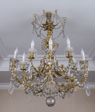 Lampadario in bronzo dorato e cristallo, Francia, fine XIX - inizio XX secolo