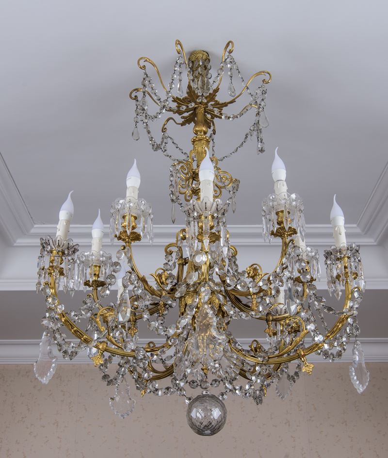 Lampadario in bronzo dorato e cristallo, Francia, fine XIX - inizio XX secolo