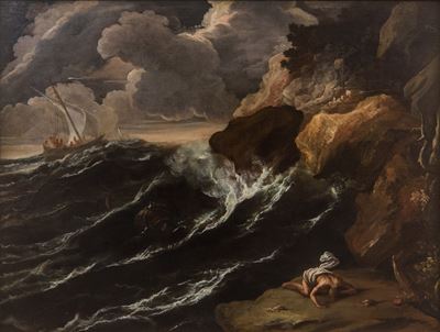 Tempesta marina con naufragio, olio su tela
