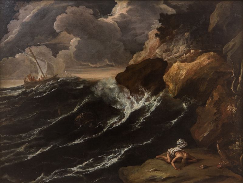 Peter Mulier Detto il Cavalier Tempesta - Tempesta marina con naufragio, olio su tela