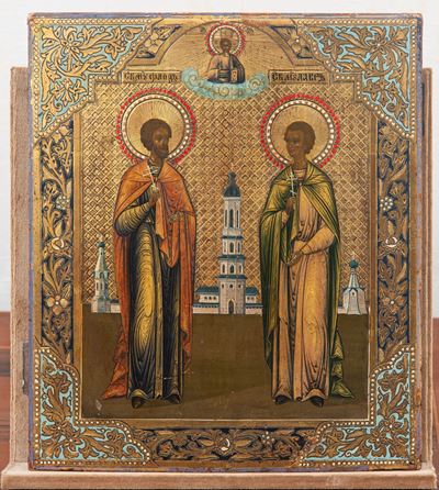 Icona russa, Santi Boris e Gleb con Cristo in gloria, tempera su tavola