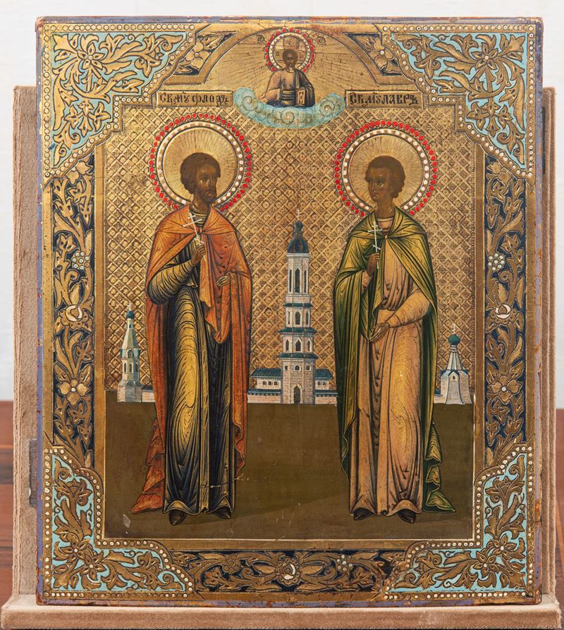 Icona russa, Santi Boris e Gleb con Cristo in gloria, tempera su tavola
