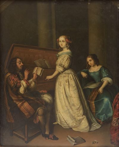 Lezione di musica, olio su rame