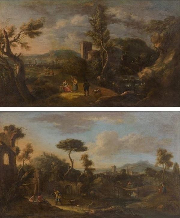 Nicola Viso - Coppia di paesaggi fluviali con contadini e cacciatori