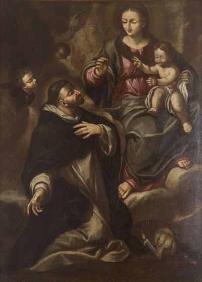 Scuola italiana, San Domenico in adorazione del bambino, olio su tela