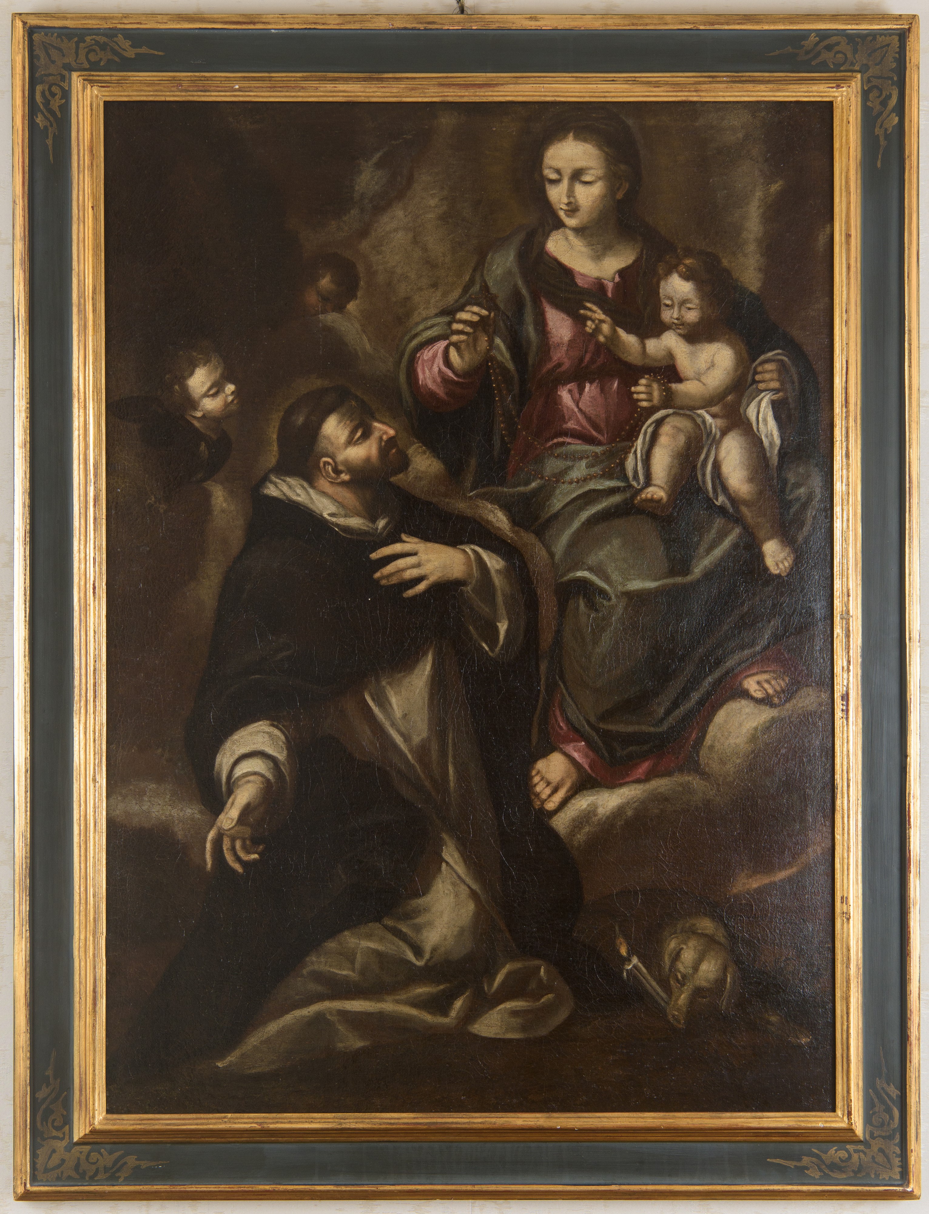 Scuola italiana, San Domenico in adorazione del bambino, olio su tela
