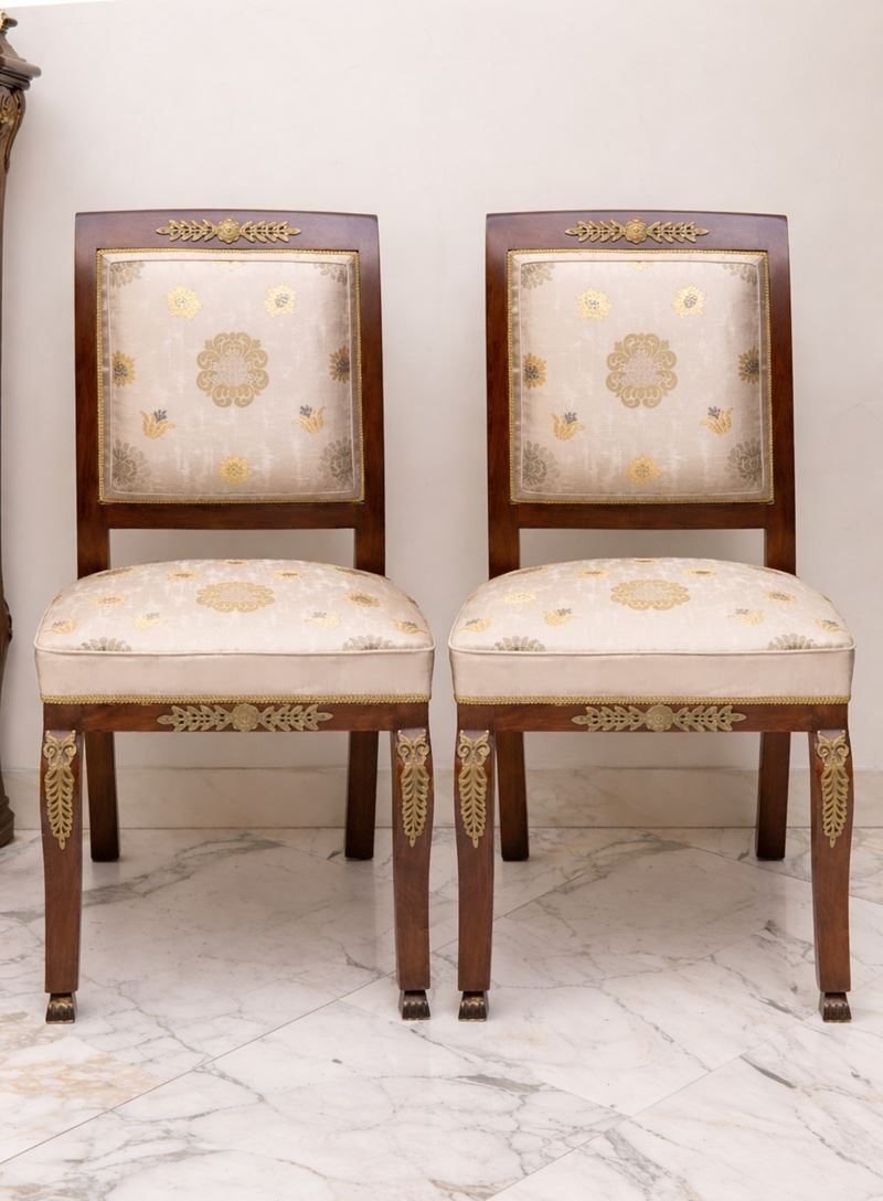 Coppia di sedie in stile Impero, legno con applicazioni in bronzo