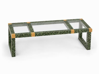 Tavolo rettangolare moderno, struttura in legno laccato a finto marmo verde e piano in vetro a pa...