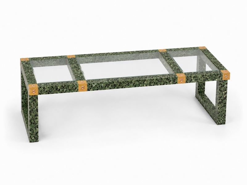 Tavolo rettangolare moderno, struttura in legno laccato a finto marmo verde e piano in vetro a pa...
