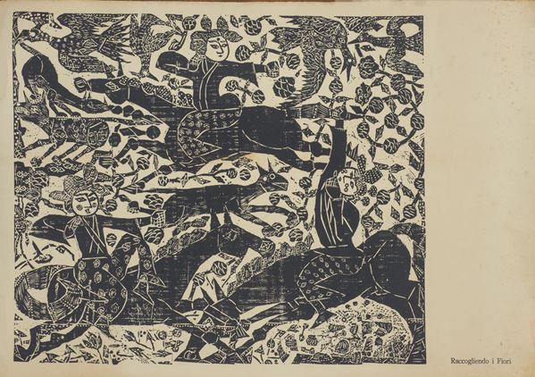Shiko Munakata - Raccogliendo i fiori - Esposizione organizzata dalla Kokusai Bunka Shinkokai