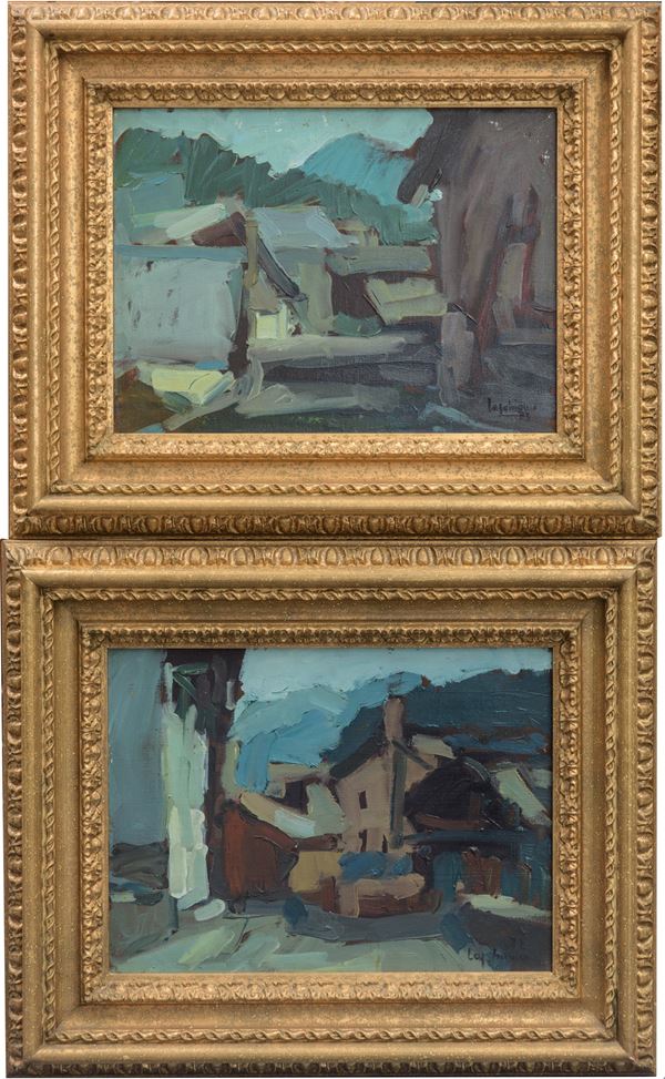 Coppia di dipinti raffiguranti foro romano