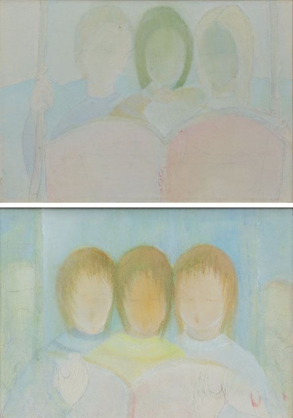 Coppia di dipinti raffiguranti figure femminili