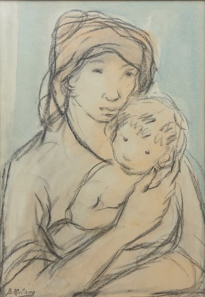 Donna con bambino, tecnica mista su carta