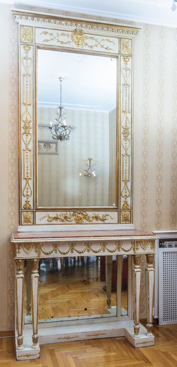 Consolle e specchiera, con piano in marmo rosso di Verona