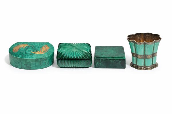 Tre scatole e un vasetto in argento e malachite 
