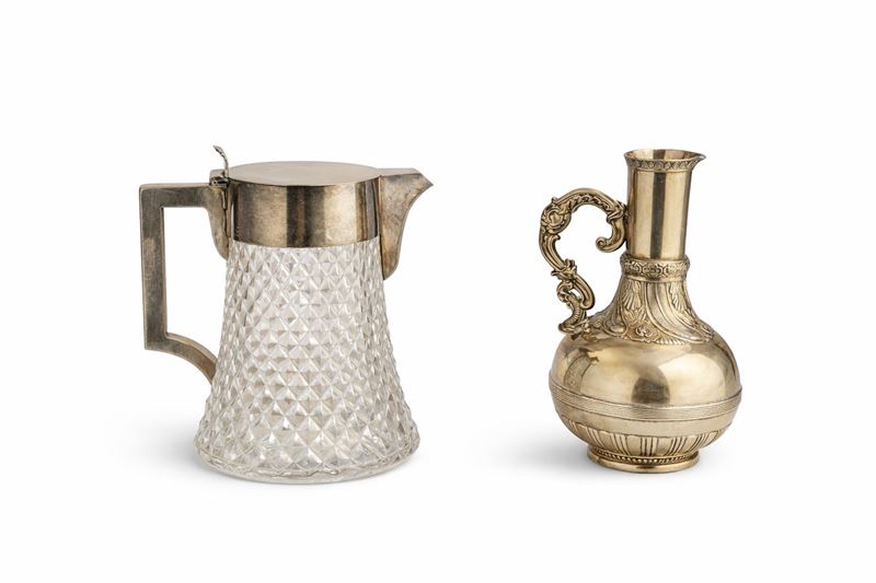 Caraffe in cristallo molato e metallo argentato, XX secolo