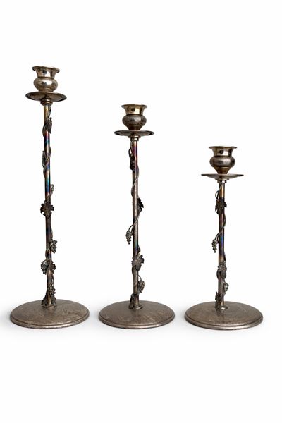 Portacandele in metallo argentato, stile Liberty, h. 21-30 cm