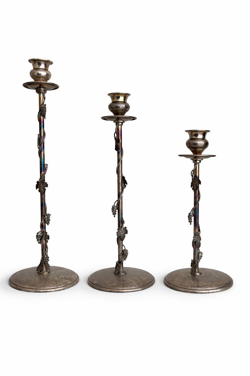 Portacandele in metallo argentato, stile Liberty, h. 21-30 cm