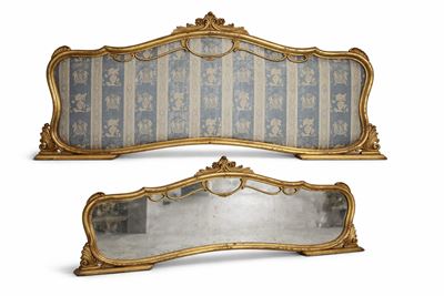 Testiera e specchiera, legno intagliato con finitura decorativa