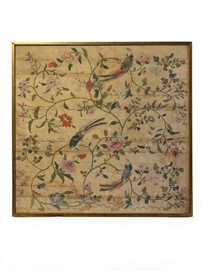 Pannello dipinto a chinoiserie, tempera su seta