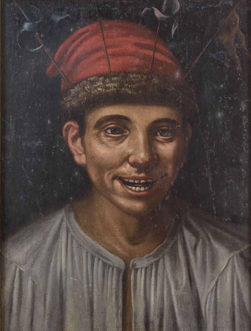 Ritratto grottesco di giovane con copricapo rosso