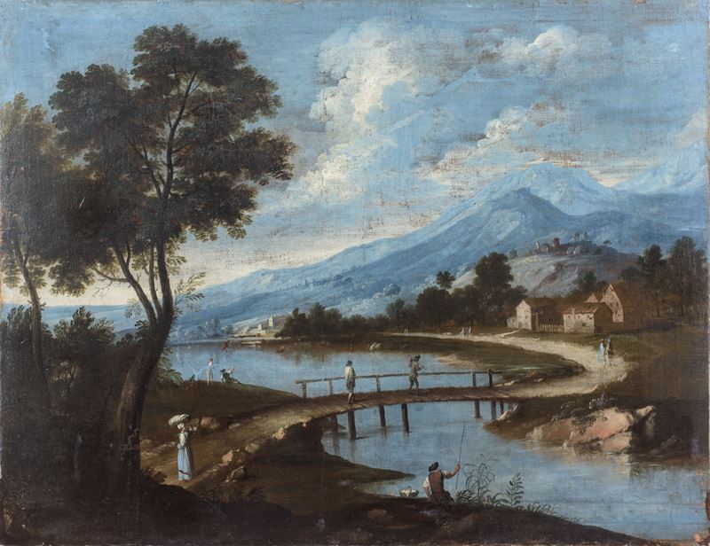 Pietro Antonio Domenichini Maestro delle Montagne Azzurre - Paesaggio lacustre con ponte e pescat...